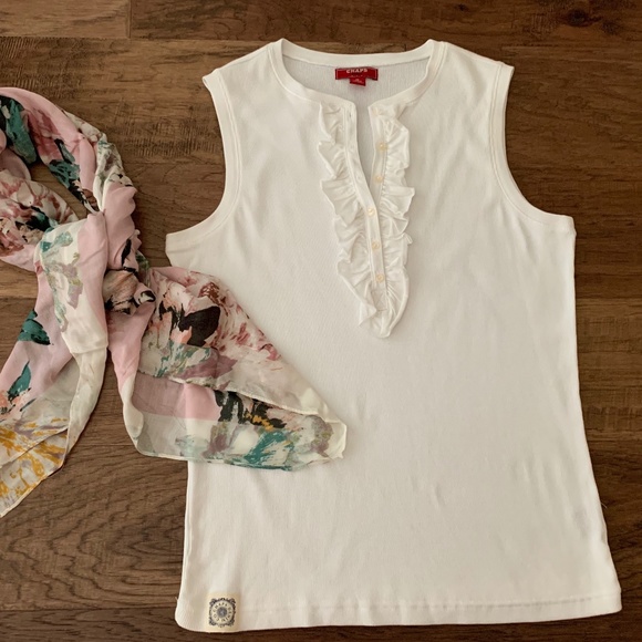 Chaps Tops - Chaps White Ribbed Ruffled Coastal Tank Top Casual Vacation Weekend
